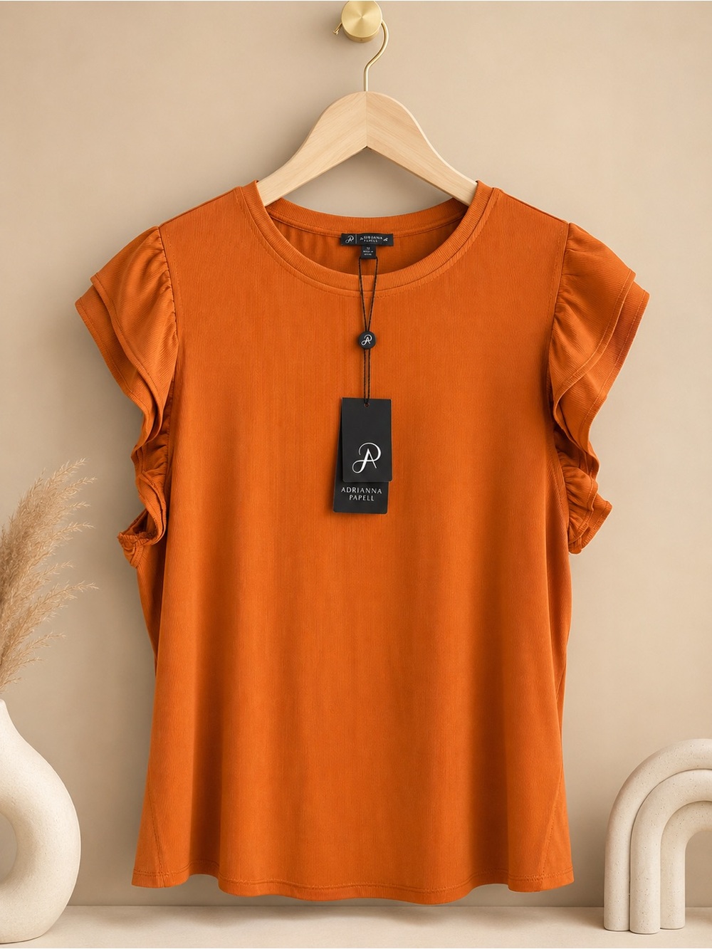 Adrianna Papell Women’s Rust Ruffle Sleeve Top-gorgeous fall color 🍁